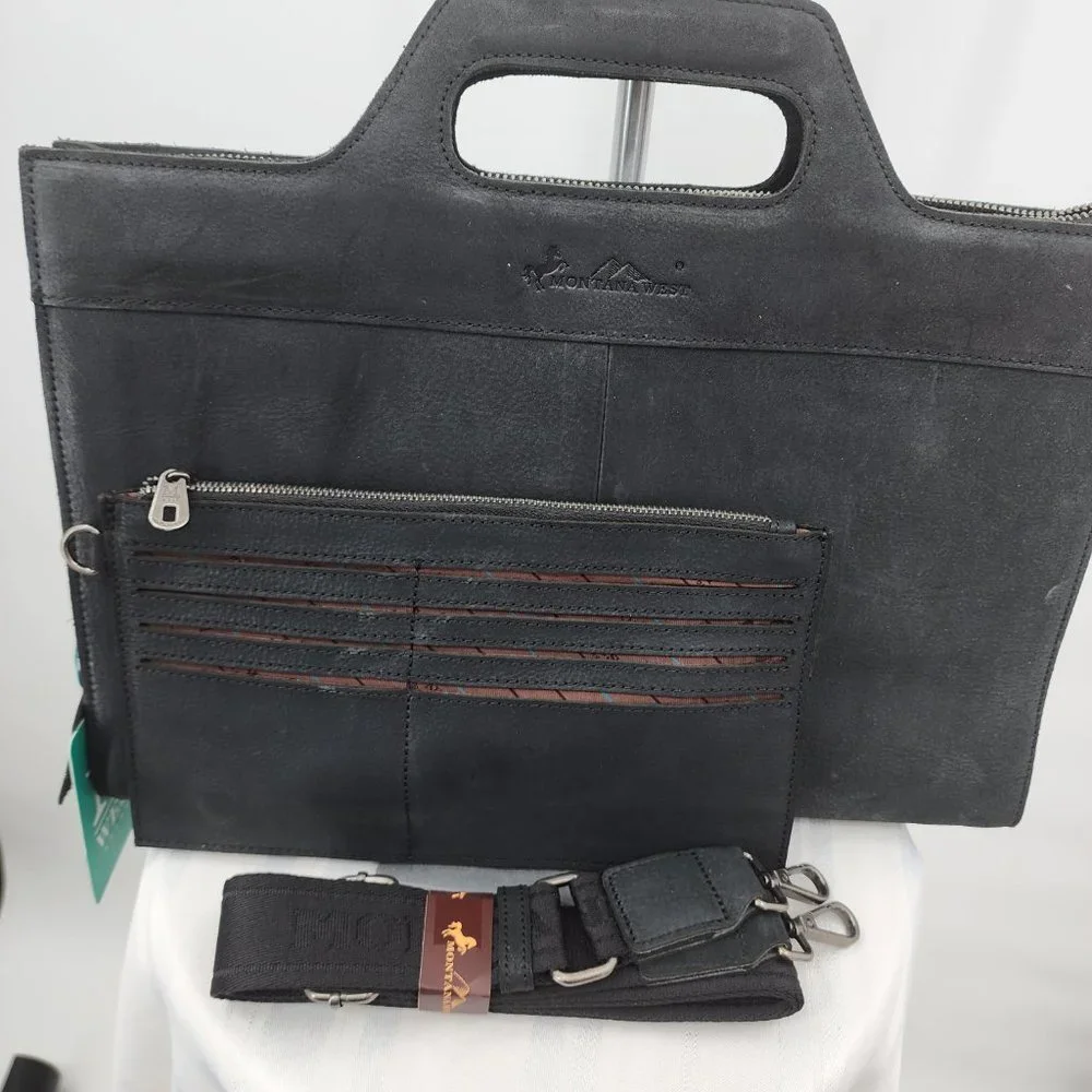 MONTANA WEST Black Genuine Leather Laptop‎ Case Tote & Wristlet Set NWT